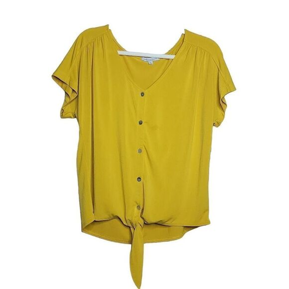 Green Envelope Tie Waist Button Up Short Sleeve Blouse Yellow Large - Picture 1 of 9